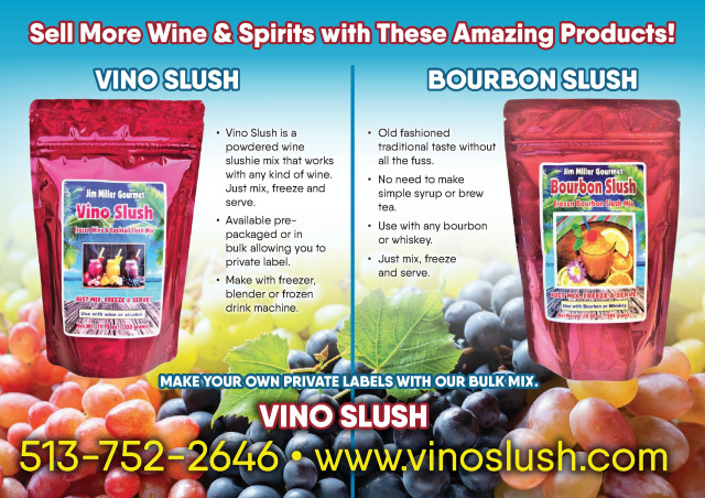 picture of a pouch of Vino Slush Wine Slushie Mix and a pouch of Bourbon Slush Mix